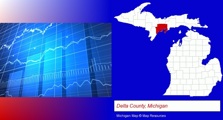 a financial chart; Delta County, Michigan highlighted in red on a map