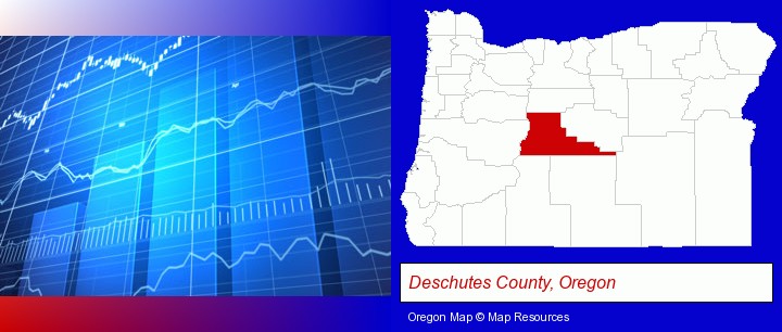 a financial chart; Deschutes County, Oregon highlighted in red on a map