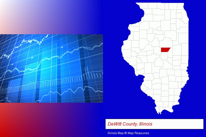 a financial chart; DeWitt County, Illinois highlighted in red on a map