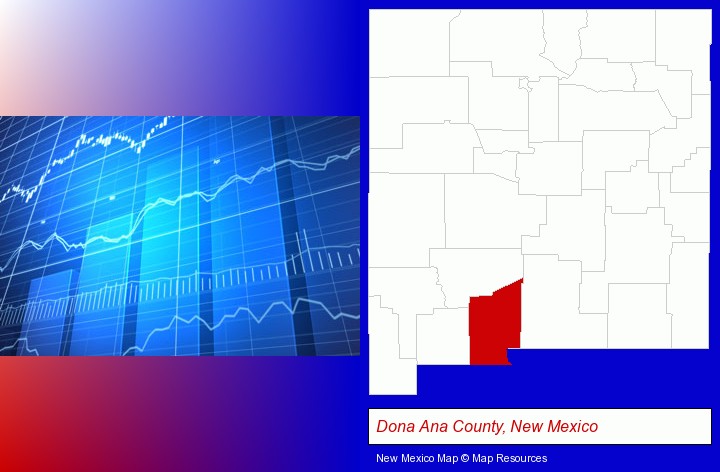 a financial chart; Dona Ana County, New Mexico highlighted in red on a map