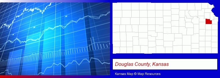a financial chart; Douglas County, Kansas highlighted in red on a map