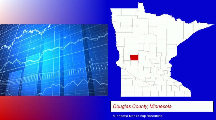 a financial chart; Douglas County, Minnesota highlighted in red on a map