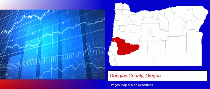 a financial chart; Douglas County, Oregon highlighted in red on a map