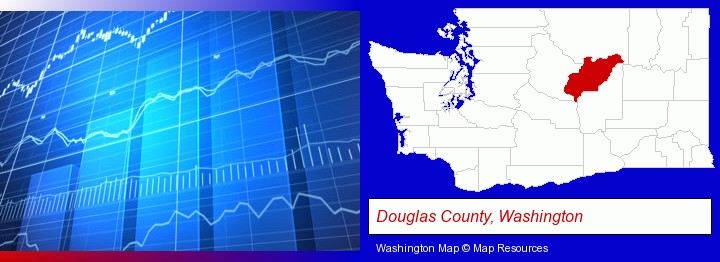 a financial chart; Douglas County, Washington highlighted in red on a map
