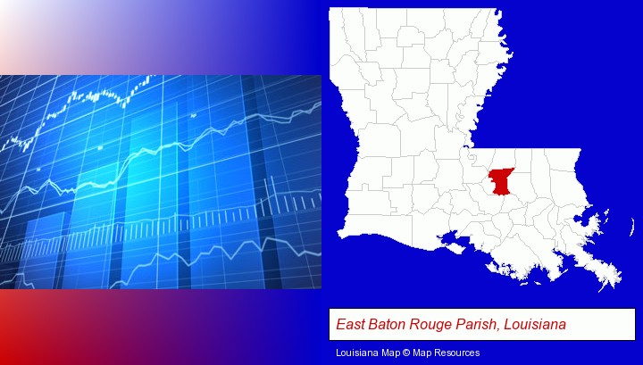 a financial chart; East Baton Rouge Parish, Louisiana highlighted in red on a map