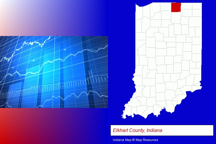 a financial chart; Elkhart County, Indiana highlighted in red on a map