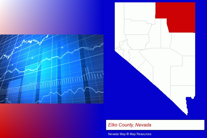 a financial chart; Elko County, Nevada highlighted in red on a map