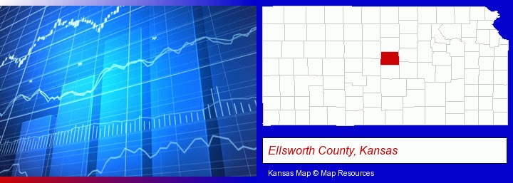 a financial chart; Ellsworth County, Kansas highlighted in red on a map