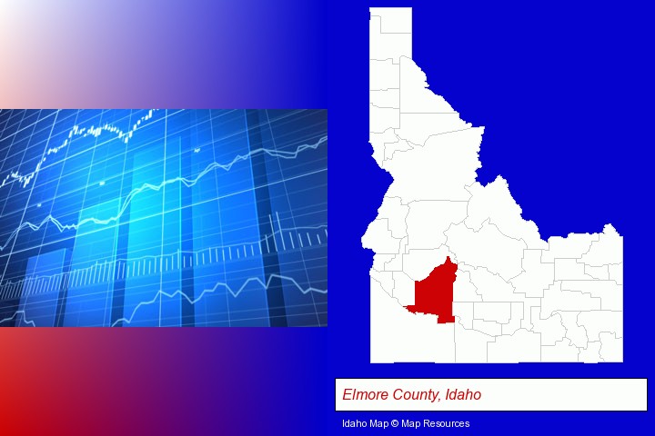 a financial chart; Elmore County, Idaho highlighted in red on a map
