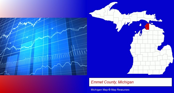 a financial chart; Emmet County, Michigan highlighted in red on a map