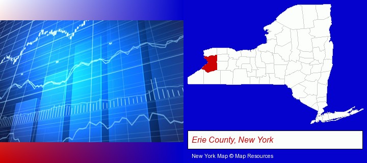 a financial chart; Erie County, New York highlighted in red on a map
