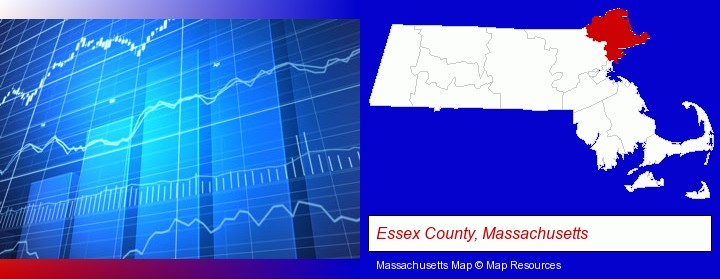 a financial chart; Essex County, Massachusetts highlighted in red on a map