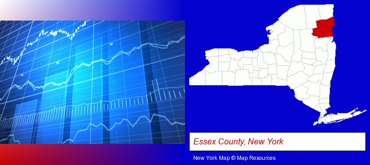 a financial chart; Essex County, New York highlighted in red on a map
