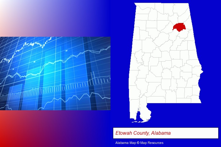 a financial chart; Etowah County, Alabama highlighted in red on a map