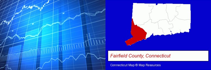 a financial chart; Fairfield County, Connecticut highlighted in red on a map