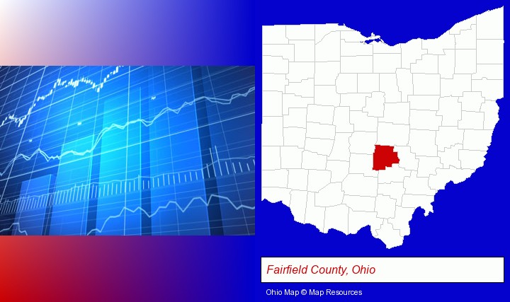 a financial chart; Fairfield County, Ohio highlighted in red on a map