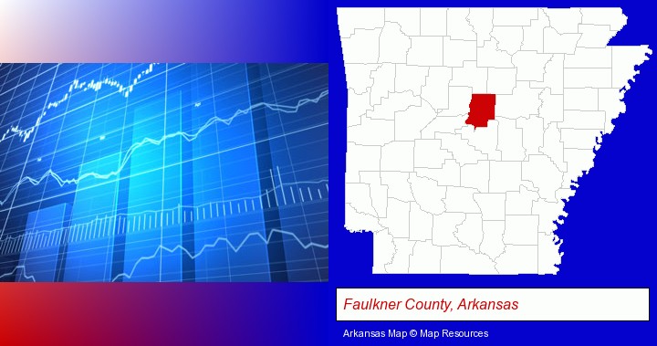 a financial chart; Faulkner County, Arkansas highlighted in red on a map