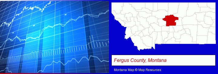 a financial chart; Fergus County, Montana highlighted in red on a map
