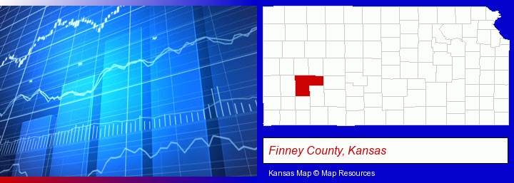 a financial chart; Finney County, Kansas highlighted in red on a map