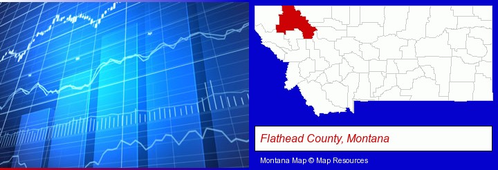 a financial chart; Flathead County, Montana highlighted in red on a map