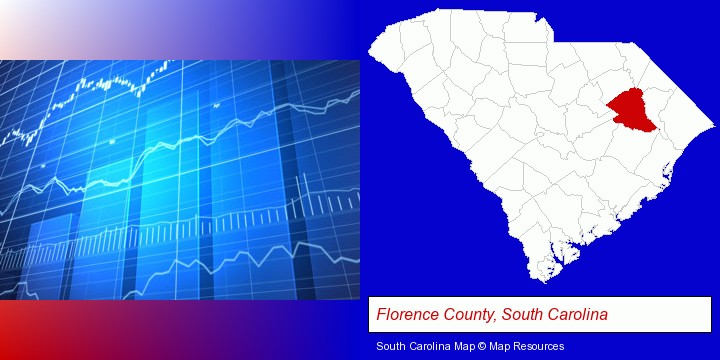 a financial chart; Florence County, South Carolina highlighted in red on a map