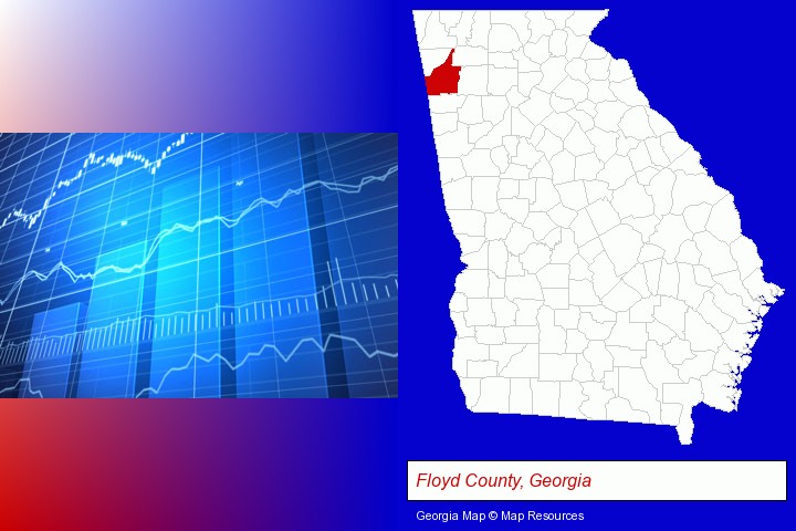 a financial chart; Floyd County, Georgia highlighted in red on a map
