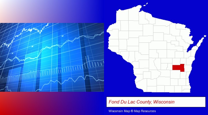 a financial chart; Fond Du Lac County, Wisconsin highlighted in red on a map
