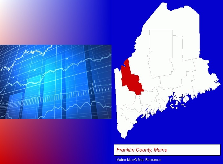 a financial chart; Franklin County, Maine highlighted in red on a map