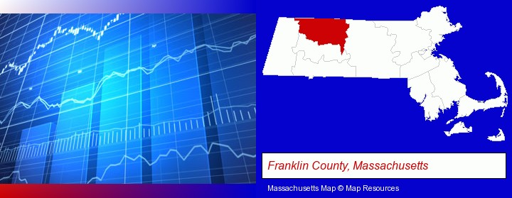 a financial chart; Franklin County, Massachusetts highlighted in red on a map