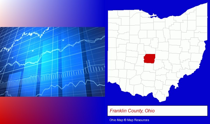a financial chart; Franklin County, Ohio highlighted in red on a map