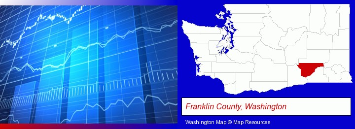 a financial chart; Franklin County, Washington highlighted in red on a map