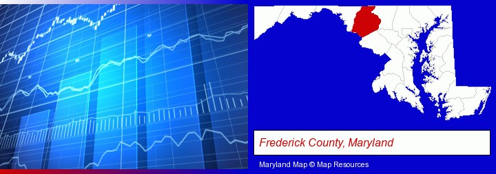 a financial chart; Frederick County, Maryland highlighted in red on a map