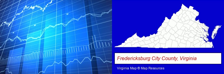 a financial chart; Fredericksburg City County, Virginia highlighted in red on a map