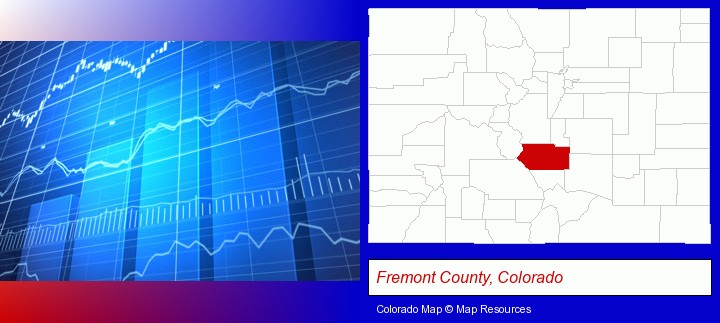 a financial chart; Fremont County, Colorado highlighted in red on a map