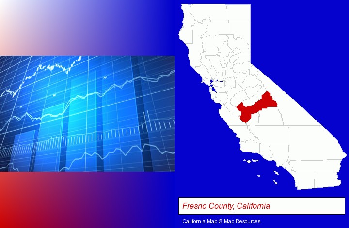 a financial chart; Fresno County, California highlighted in red on a map