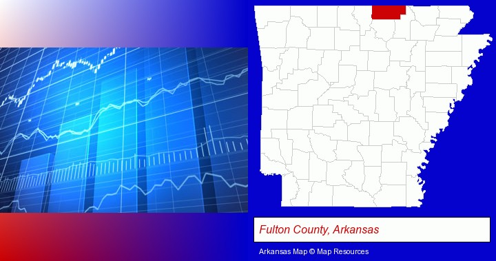 a financial chart; Fulton County, Arkansas highlighted in red on a map