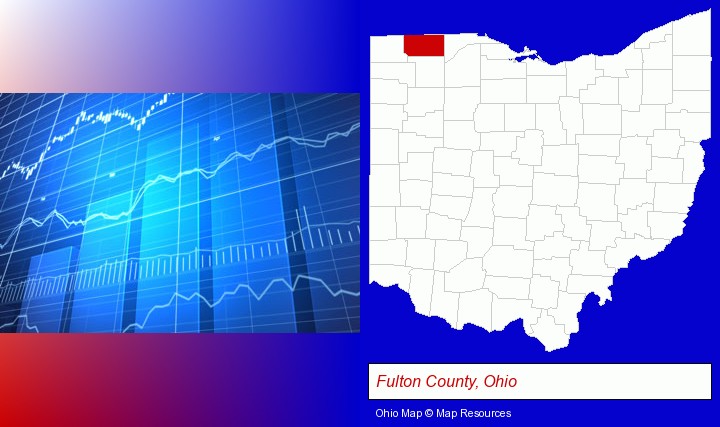 a financial chart; Fulton County, Ohio highlighted in red on a map