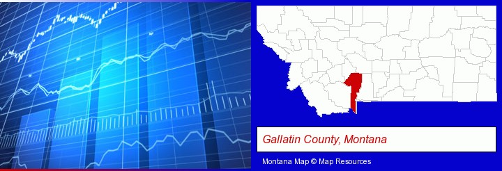 a financial chart; Gallatin County, Montana highlighted in red on a map