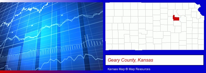 a financial chart; Geary County, Kansas highlighted in red on a map
