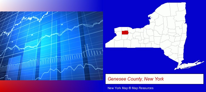 a financial chart; Genesee County, New York highlighted in red on a map
