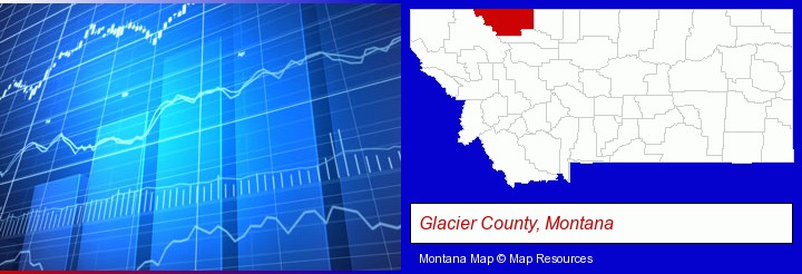 a financial chart; Glacier County, Montana highlighted in red on a map