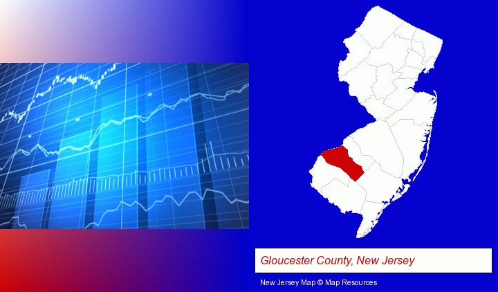 a financial chart; Gloucester County, New Jersey highlighted in red on a map
