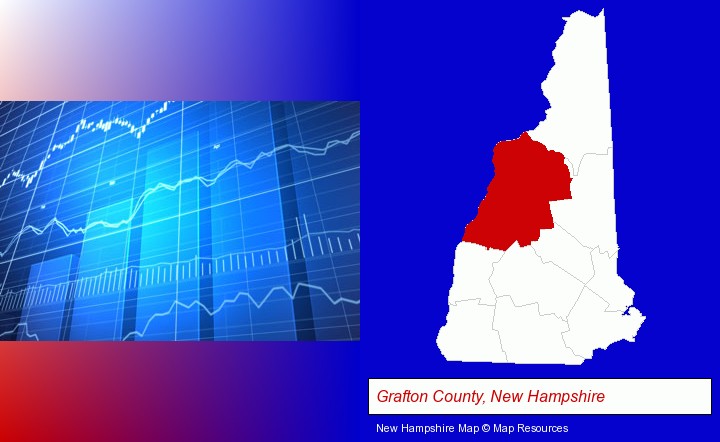 a financial chart; Grafton County, New Hampshire highlighted in red on a map