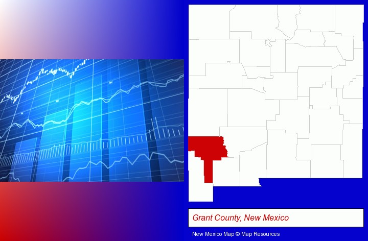 a financial chart; Grant County, New Mexico highlighted in red on a map