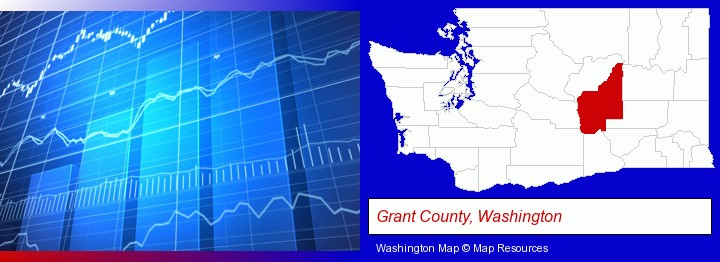 a financial chart; Grant County, Washington highlighted in red on a map