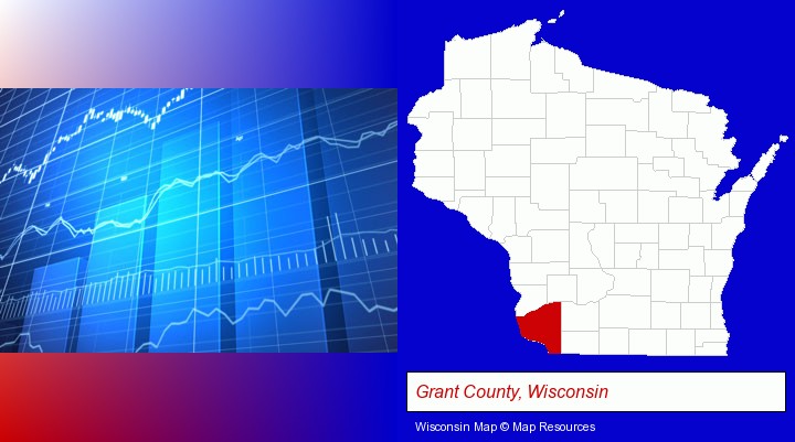 a financial chart; Grant County, Wisconsin highlighted in red on a map