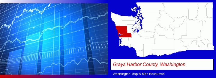 a financial chart; Grays Harbor County, Washington highlighted in red on a map