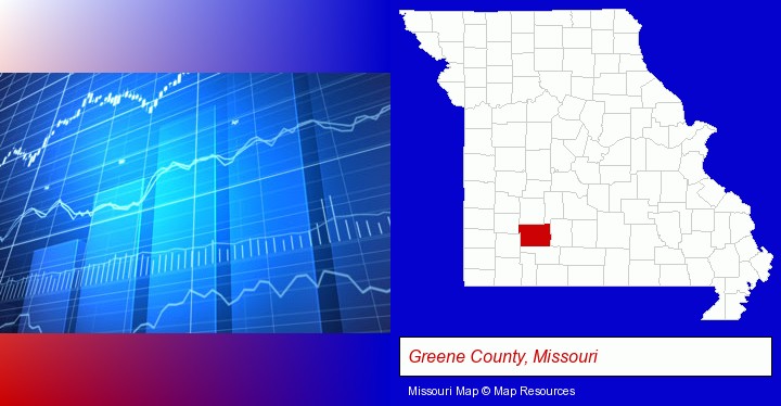 a financial chart; Greene County, Missouri highlighted in red on a map