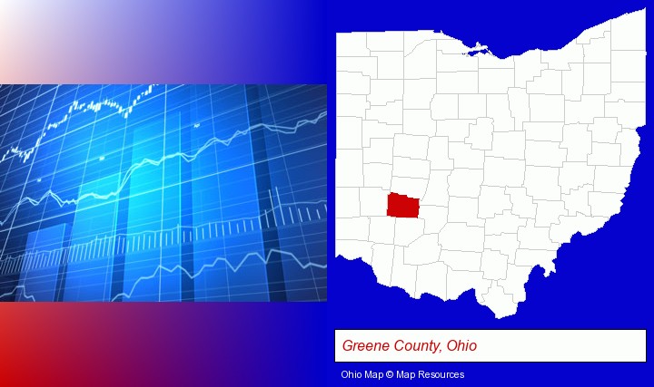 a financial chart; Greene County, Ohio highlighted in red on a map
