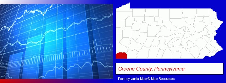 a financial chart; Greene County, Pennsylvania highlighted in red on a map